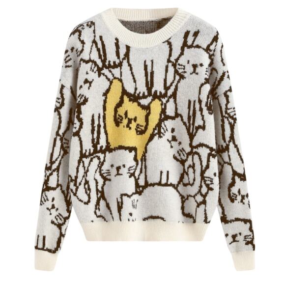 CIDER Cat Sweater Womens Small Cream Crewneck Novelty Cats Chunky Knit Pullover - Picture 1 of 7